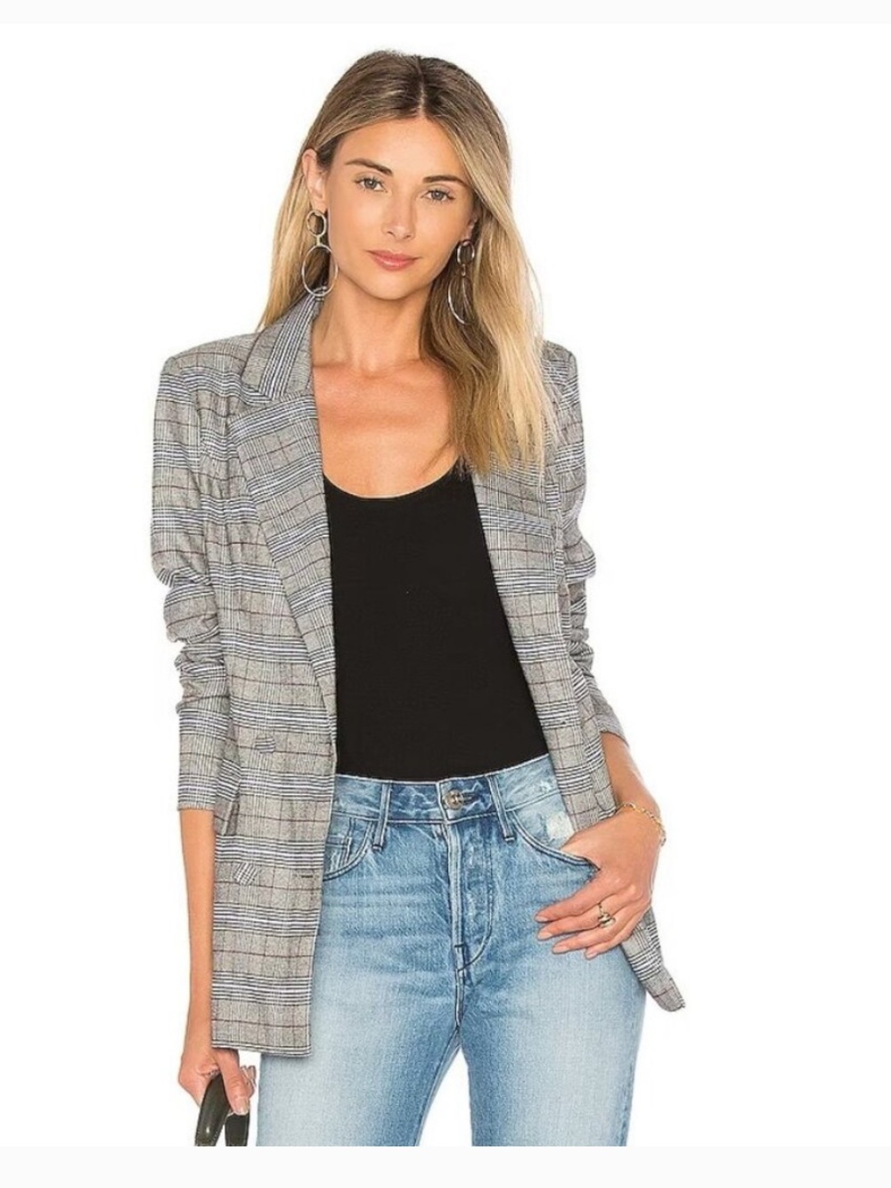 MAJORELLE Gray Plaid Open-Front Blazer
